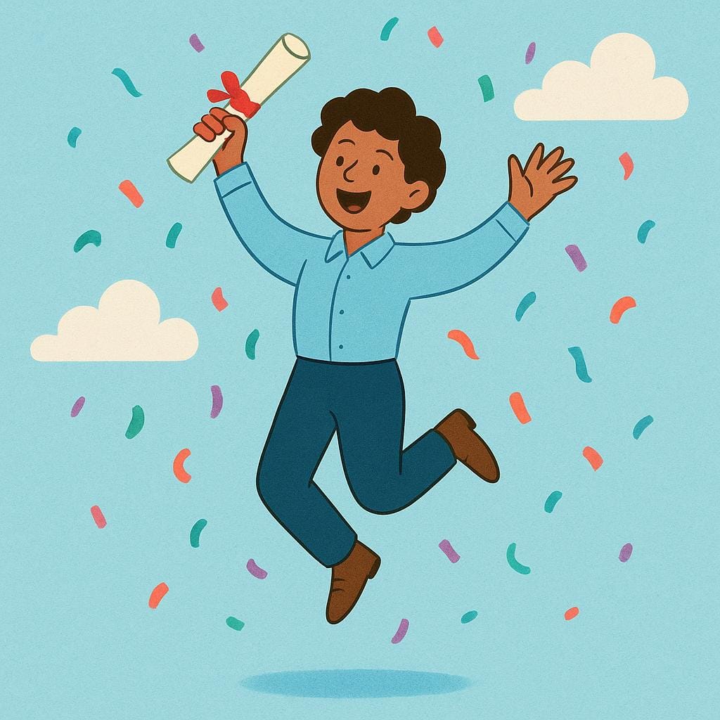 Uma ilustração de uma pessoa jovem vestida profissionalmente pulando alegremente no ar enquanto segura um documento enrolado amarrado com uma fita, simbolizando um contrato de trabalho.