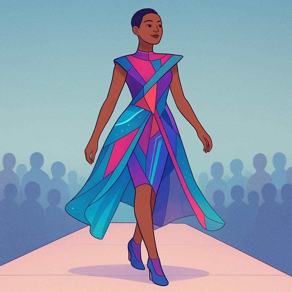 A person modeling an elaborate, brightly colored dress while walking confidently on a long, elevated runway in front of a dark audience, representing a presentation of clothing designs.