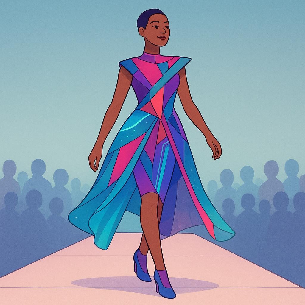 A person modeling an elaborate, brightly colored dress while walking confidently on a long, elevated runway in front of a dark audience, representing a presentation of clothing designs.