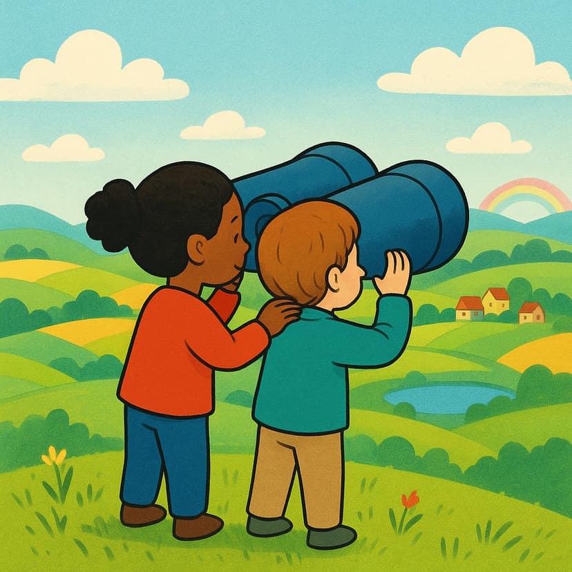 Two children standing side-by-side on a grassy hill, gazing through large binoculars towards a colorful, distant horizon.