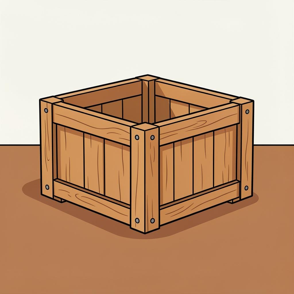 A simple wooden crate with a lid, standing alone on a plain background.