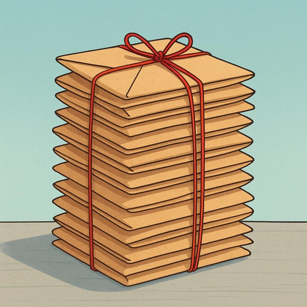 A tall, neat stack of unread brown envelopes tied together with a piece of red string, symbolizing pending tasks.