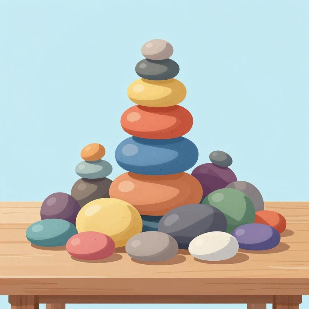 Een groeiende stapel kleurrijke ronde stenen op een eenvoudig houten oppervlak.