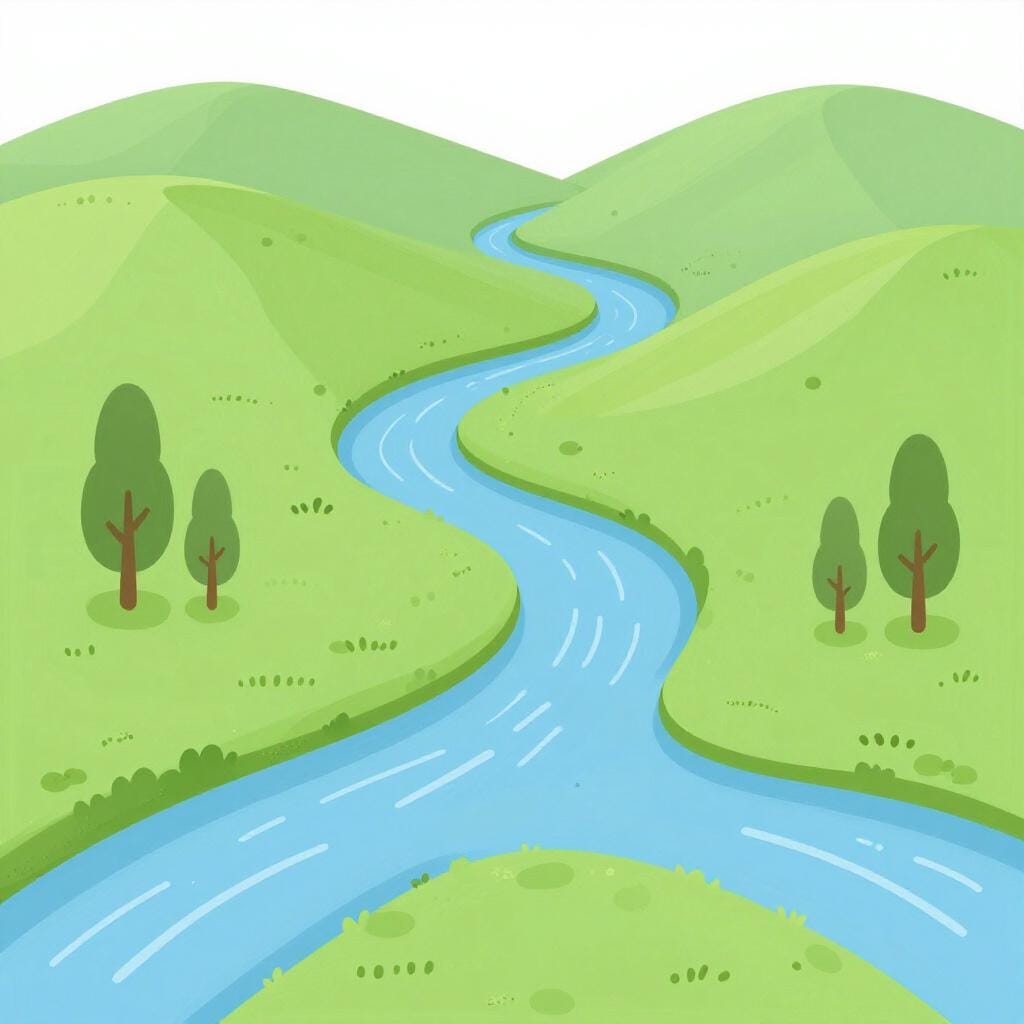 A landscape showing two blue rivers winding through a green valley with small hills.