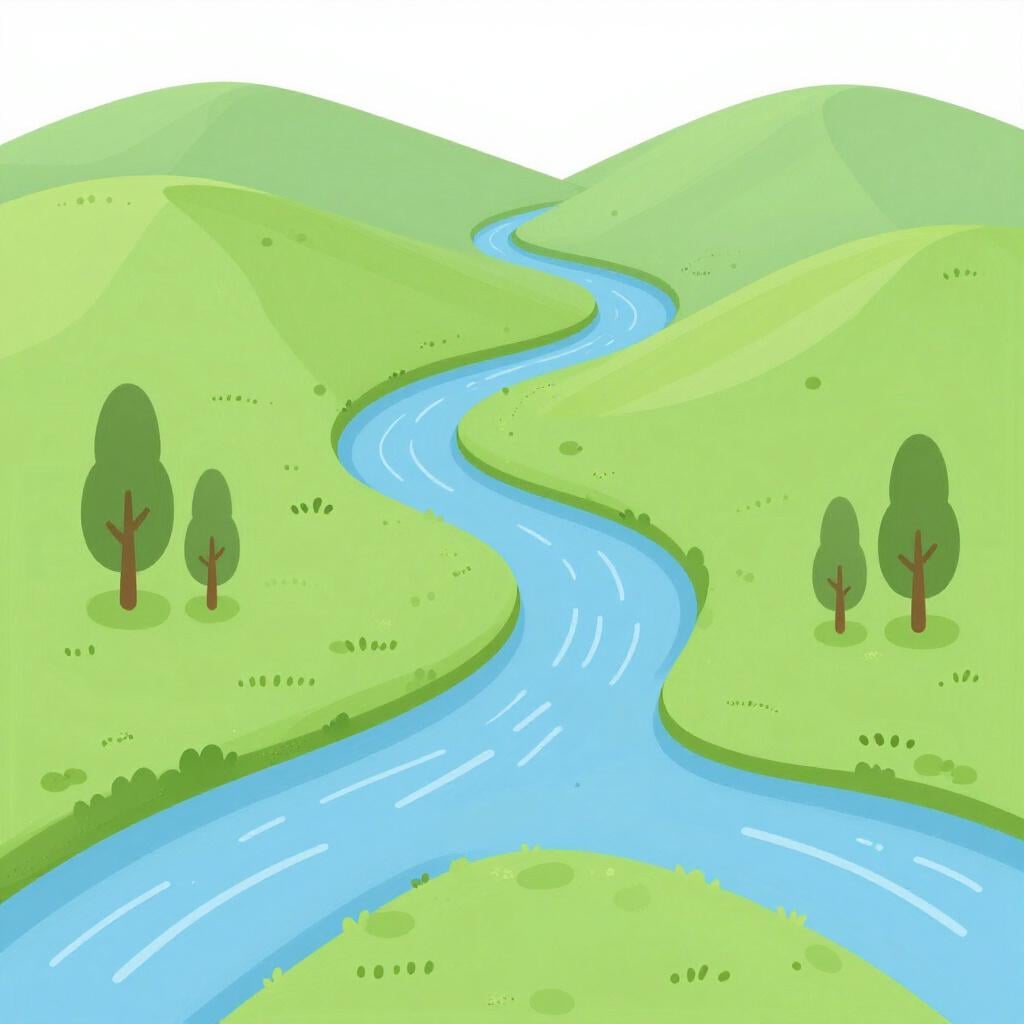 A landscape showing two blue rivers winding through a green valley with small hills.