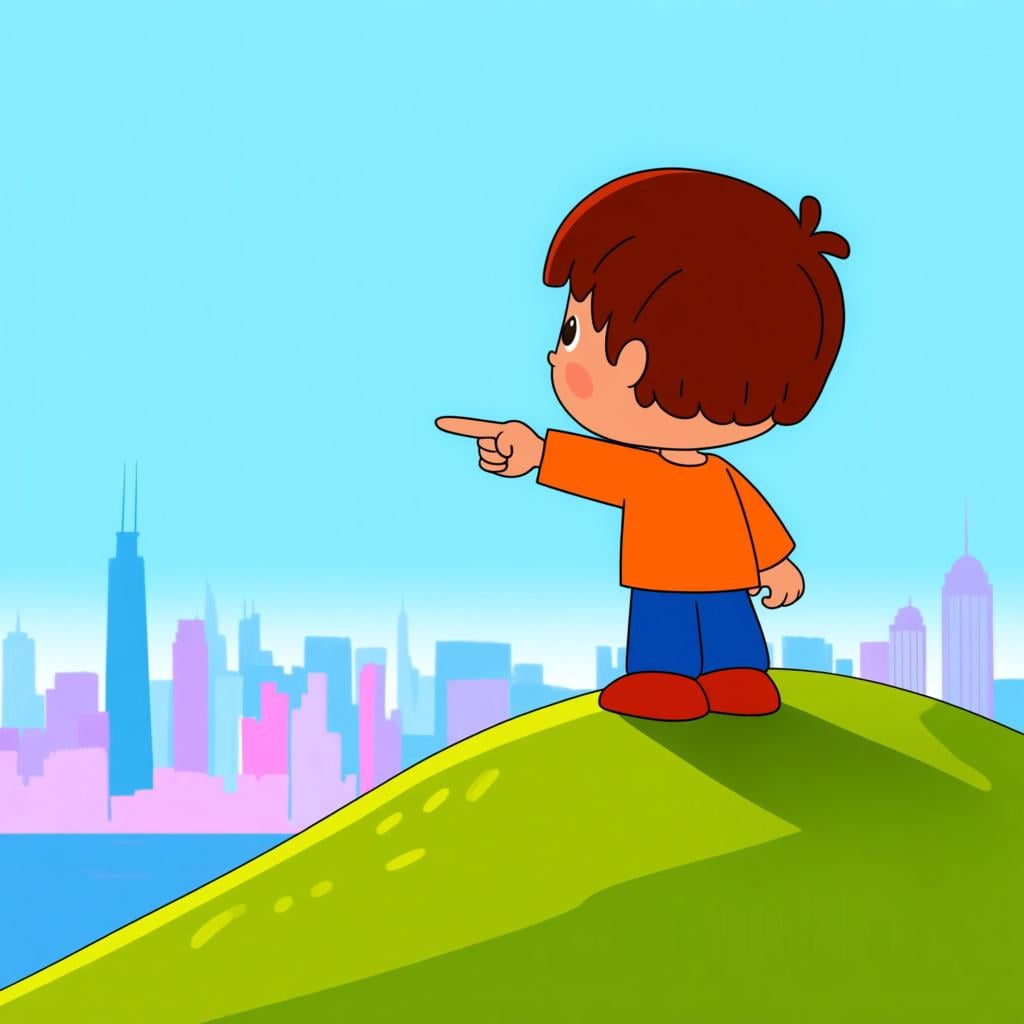 A friendly, cartoonish child character stands on a small hill overlooking a distant, colorful city skyline, pointing forward with determination, symbolizing planning a future action.
