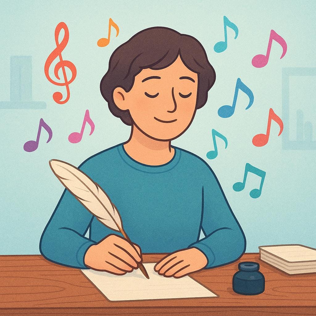 Une personne assise à un petit bureau, l'air pensive, avec des notes de musique stylisées flottant autour de sa tête, symbolisant la création ou la composition de musique.