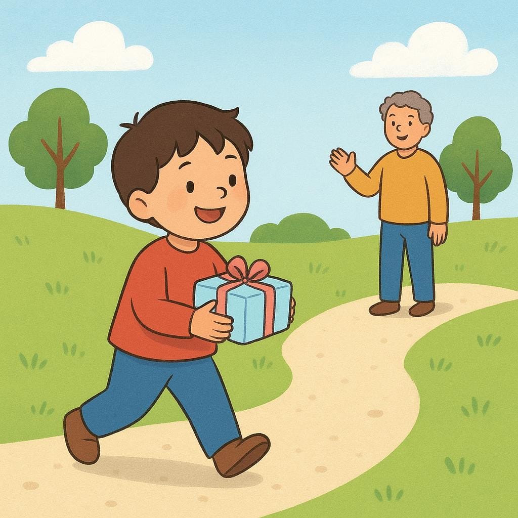 Un jeune enfant marchant joyeusement sur un chemin, portant un petit paquet cadeau emballé destiné à un adulte qui attend à proximité.