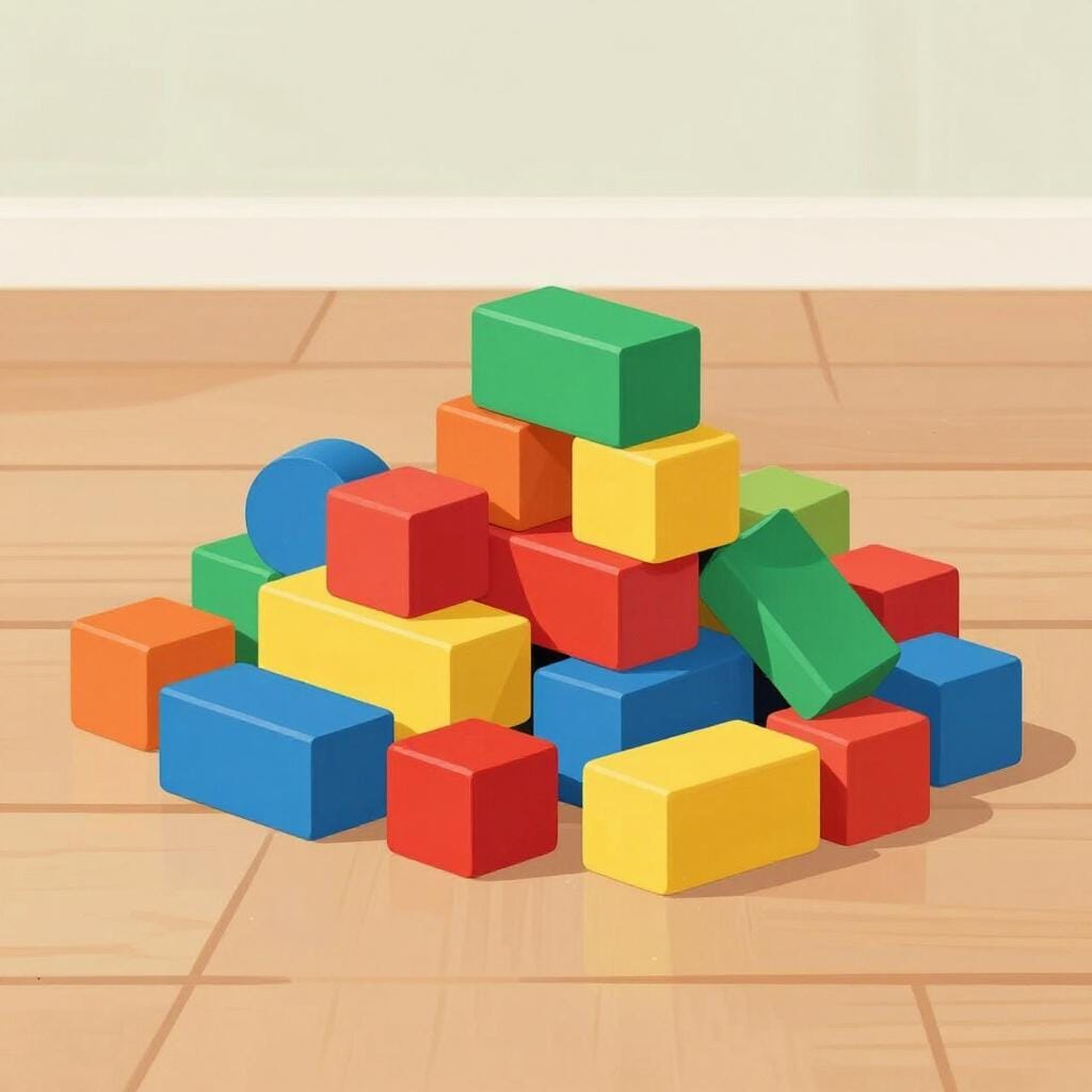 Kleurrijke houten blokken speels opgestapeld.