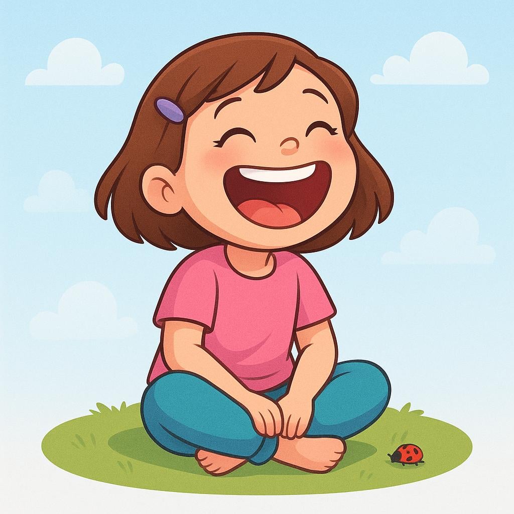 A young girl sitting and laughing joyfully, covering her mouth slightly with her hand.