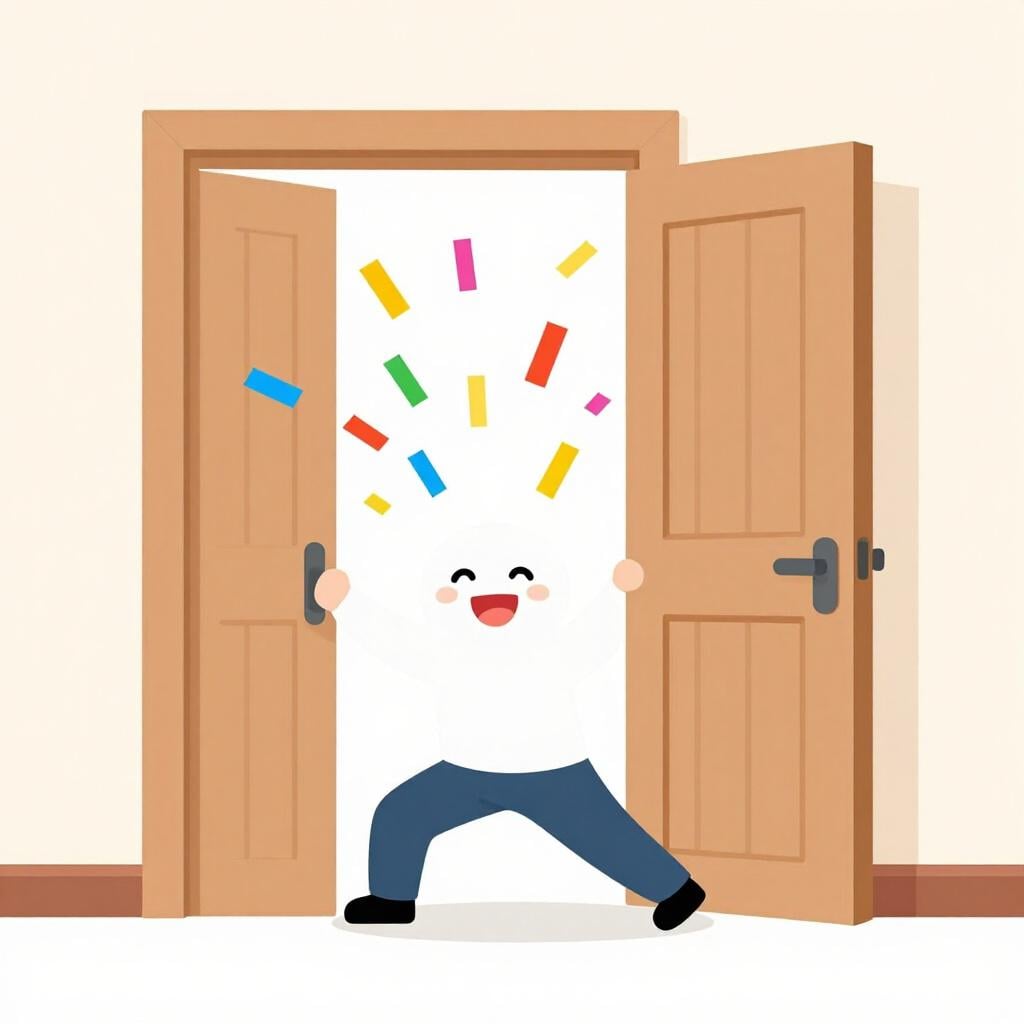Een kleurrijke illustratie van een verrassingsgast die snel een deur opent, met confetti in de lucht.