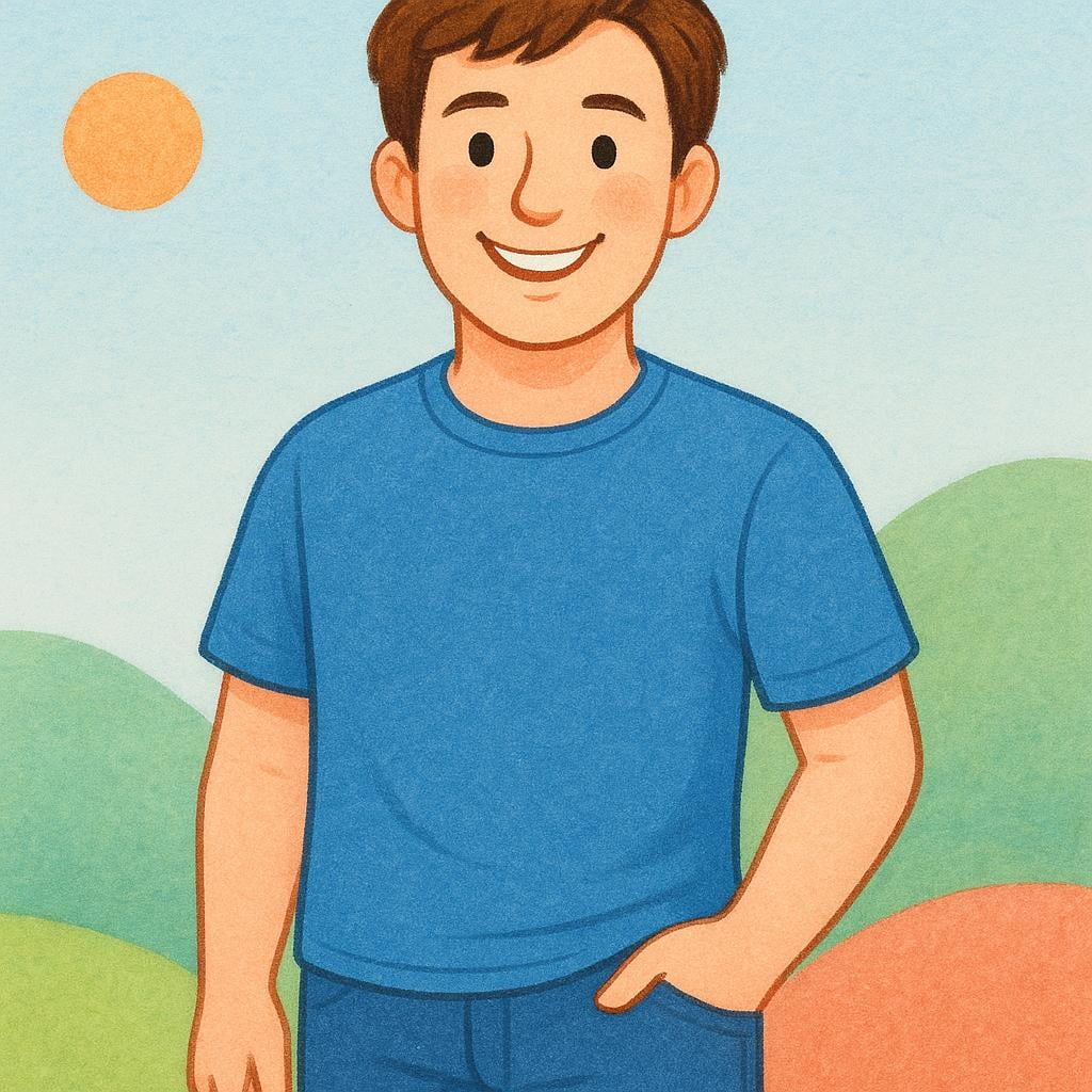 A casually dressed young man with short hair smiling brightly.