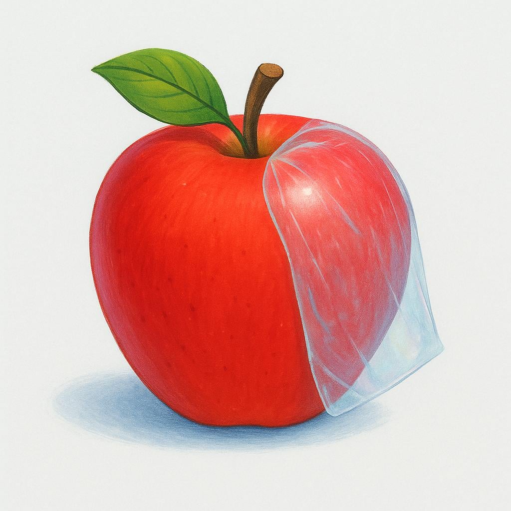 A smooth, brightly colored object, like a piece of fruit, partially covered by a very thin, transparent, shimmering layer, representing a coating.