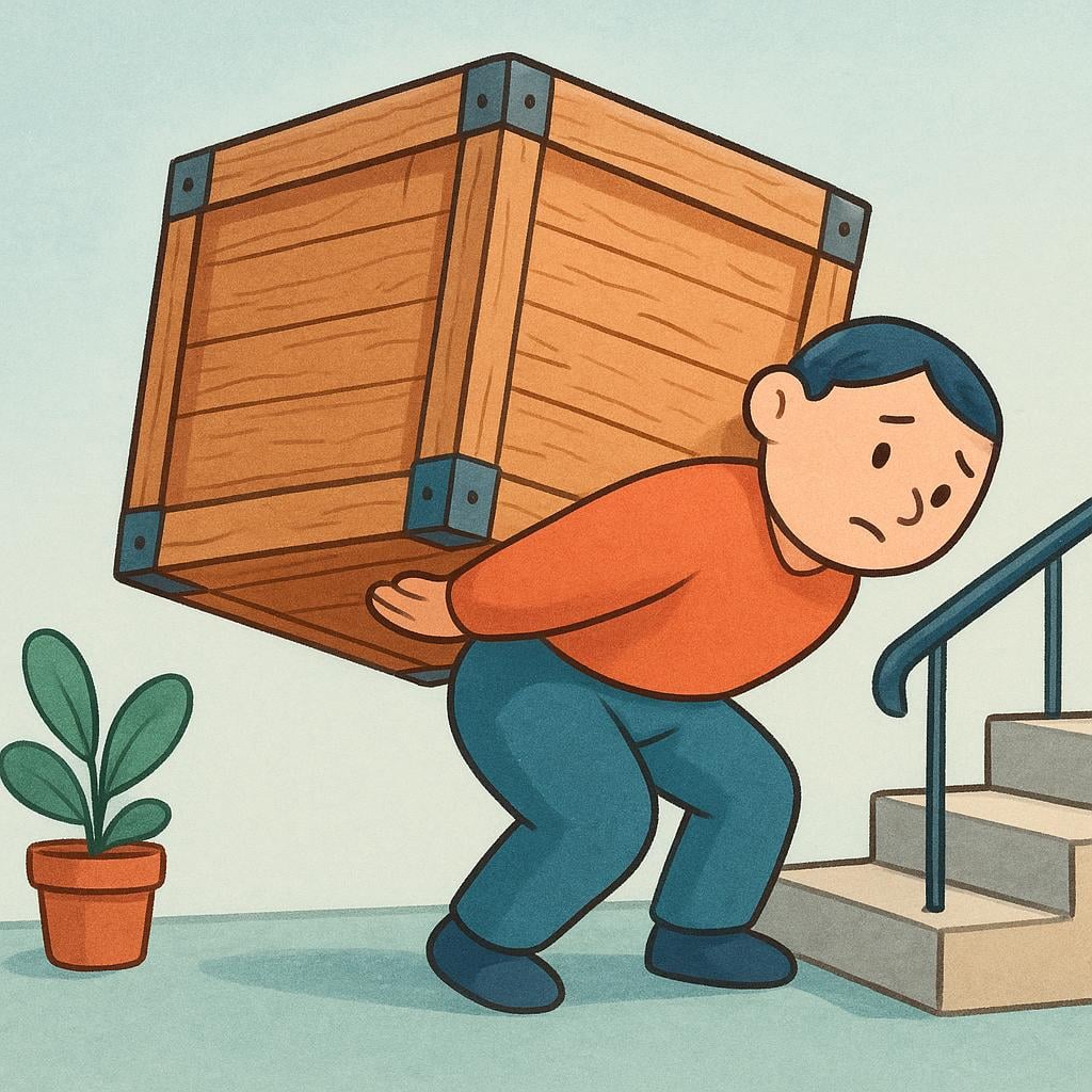 A stylized figure struggling slightly while carrying a large wooden box up a short flight of stairs.