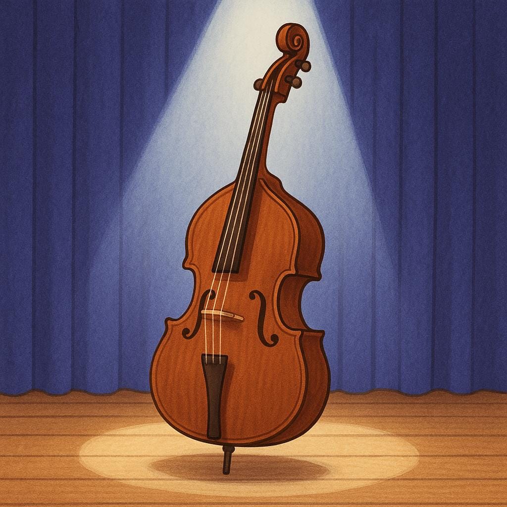 A colorful illustration of a tall, brown wooden double bass musical instrument standing upright, representing bass sounds.