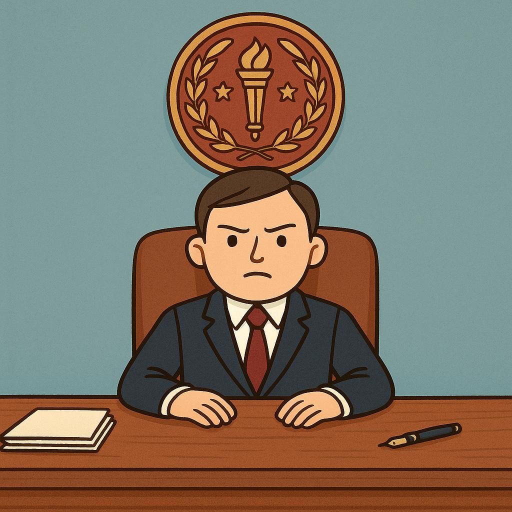 A formally dressed official, likely a commissioner, sitting confidently behind a large wooden desk in a bright office. A prominent, decorative governmental seal is visible on the wall.