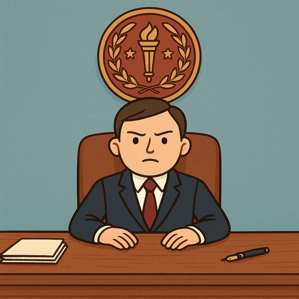 A formally dressed official, likely a commissioner, sitting confidently behind a large wooden desk in a bright office. A prominent, decorative governmental seal is visible on the wall.