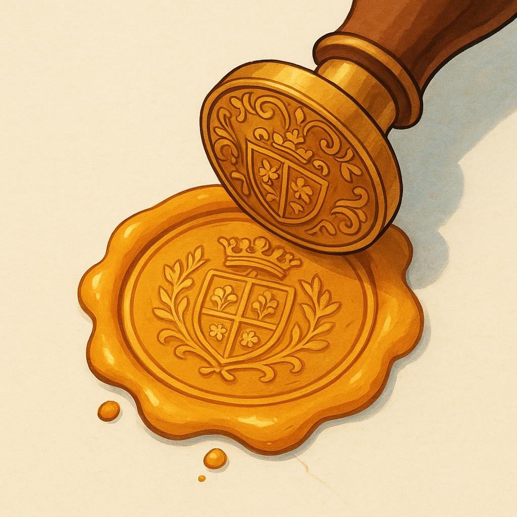 A depiction of an antique, round golden seal being pressed down firmly onto a clean piece of parchment paper, symbolizing a definitive affirmation or final agreement.