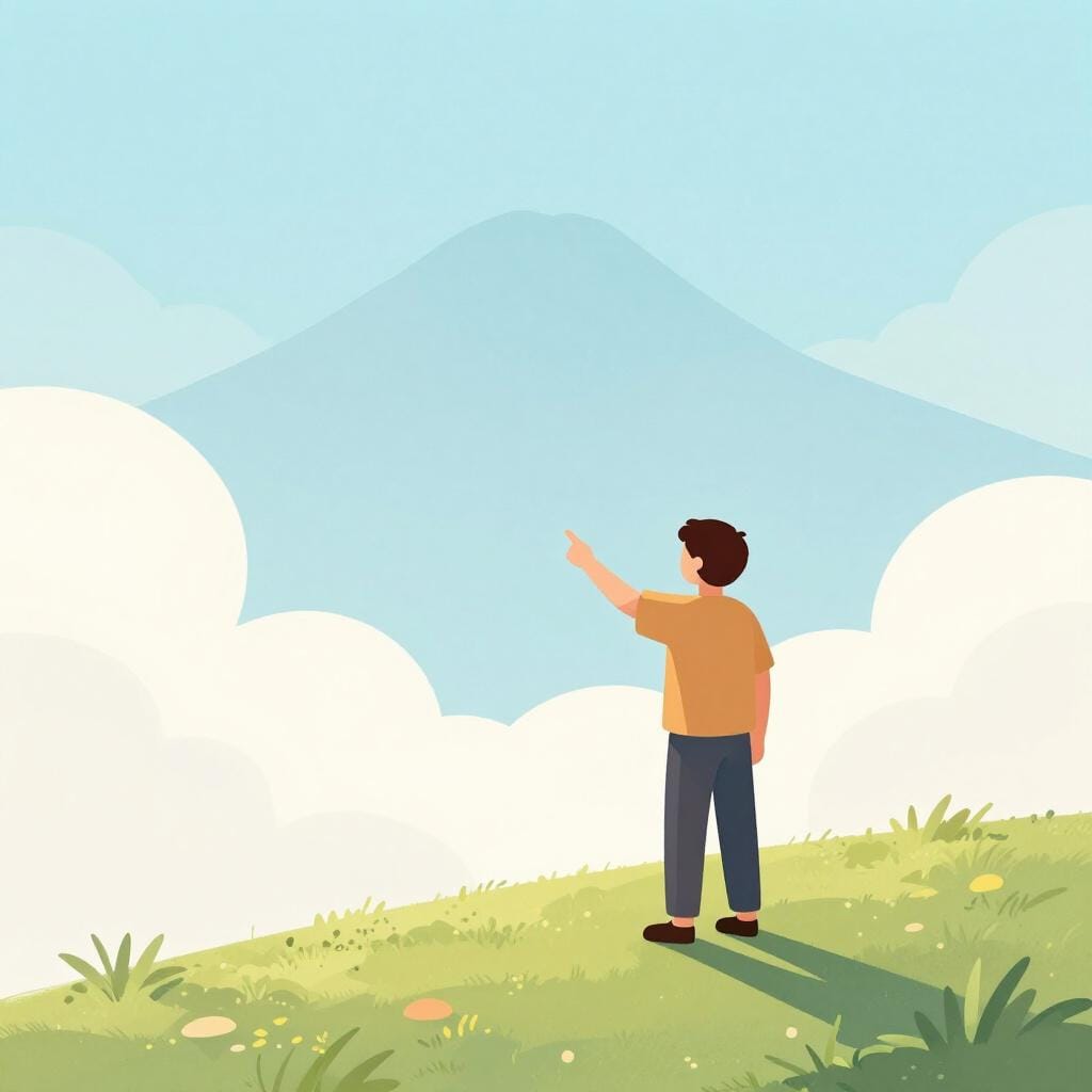 Een persoon die wijst naar een vage schaduw van een berg in de verte in plaats van naar de berg zelf.