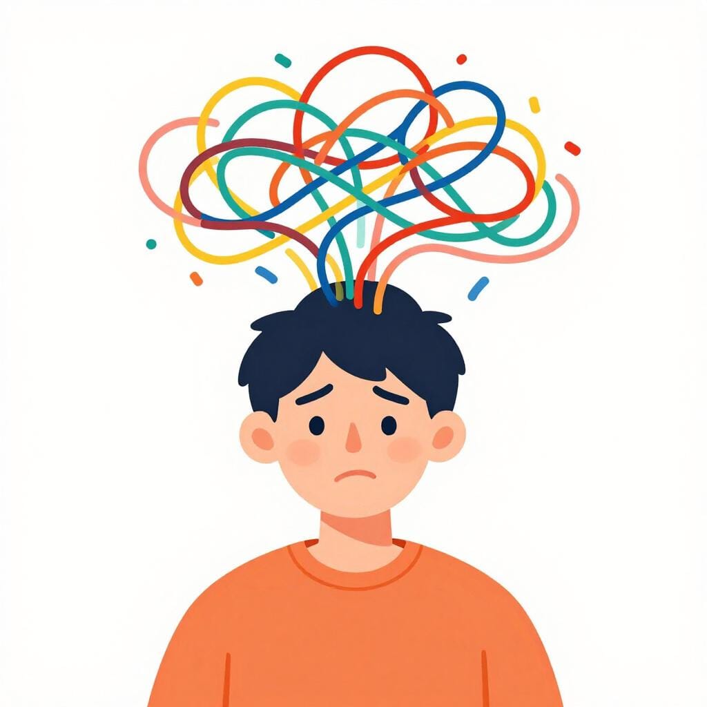 頭の上に渦巻く雲があり、困惑した表情をしているキャラクター。