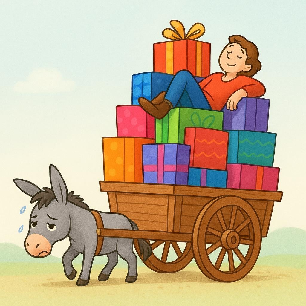 A storybook illustration of an overloaded, small donkey struggling to pull a cart piled high with boxes, representing exploitation.