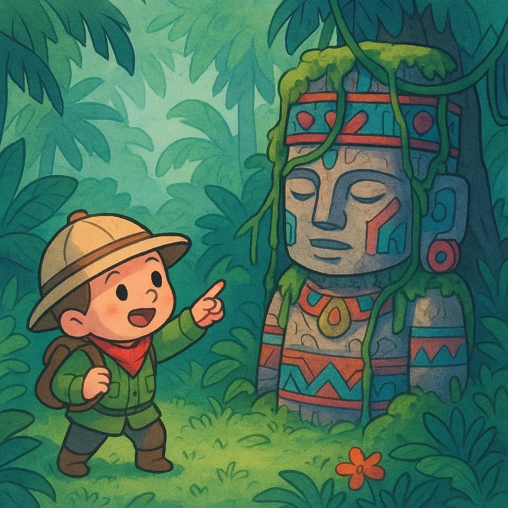A small explorer character in a lush green jungle clearing pointing excitedly at a large, previously hidden ancient statue partially covered by vines.