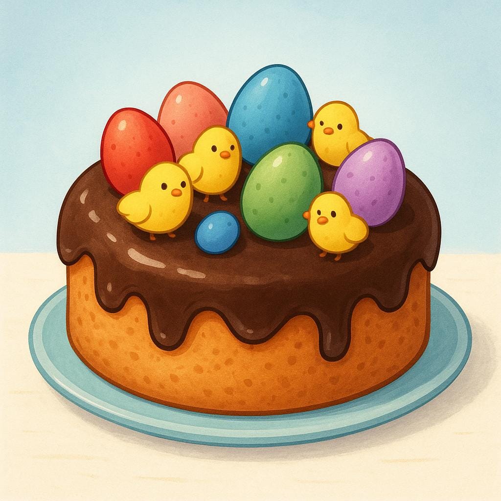 A rich, round chocolate cake decorated with colorful chocolate eggs and small decorative yellow chicks, representing a traditional Spanish Easter cake.