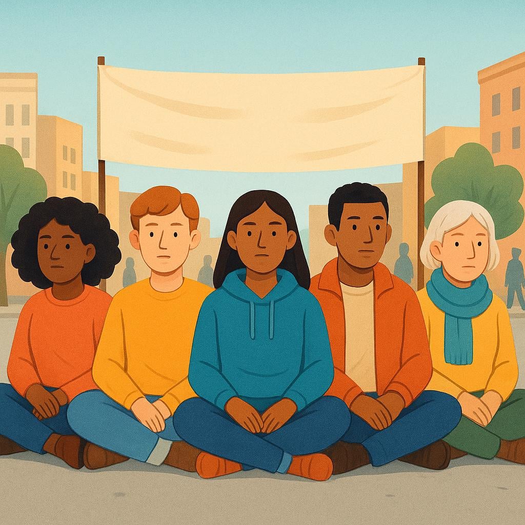 A group of diverse people sitting peacefully and closely together on the ground in a public square, demonstrating a non-violent protest.