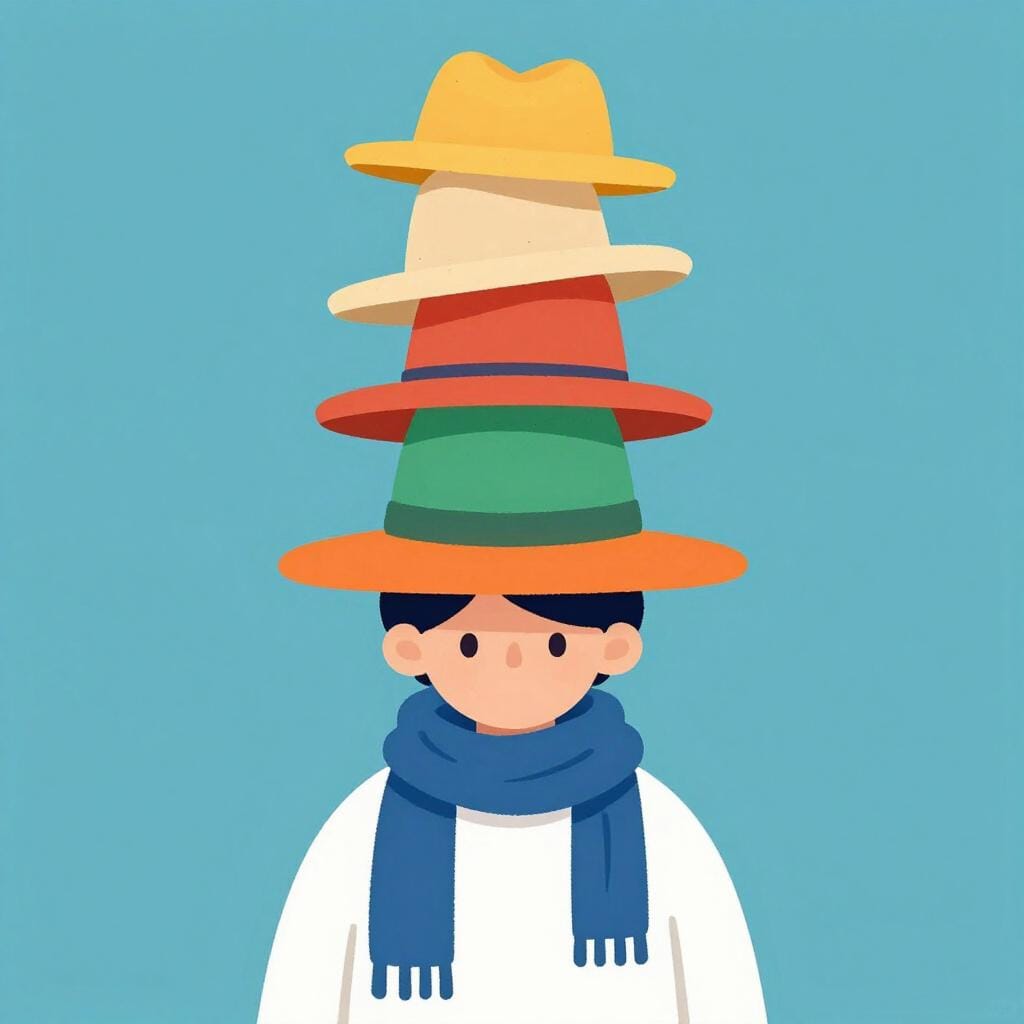 A person wearing three giant hats stacked on top of each other and many colorful scarves.