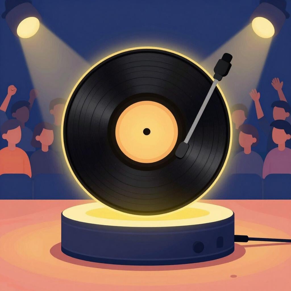 Een juichende menigte met een gloeiende vinylplaat op een podium, die een populair nummer vertegenwoordigt.