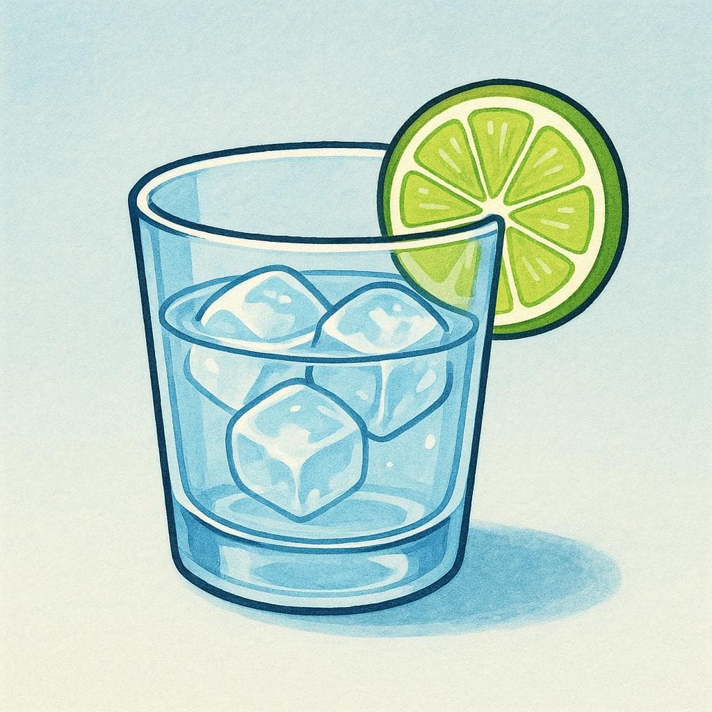 A high quality simple colorful storybook illustration of a clear tumbler glass filled with a clear spirit (gin) and ice cubes, garnished with a slice of lime.