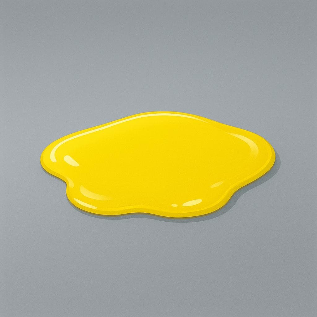 Un petit bassin de liquide jaune recueilli sur un sol de couleur neutre.