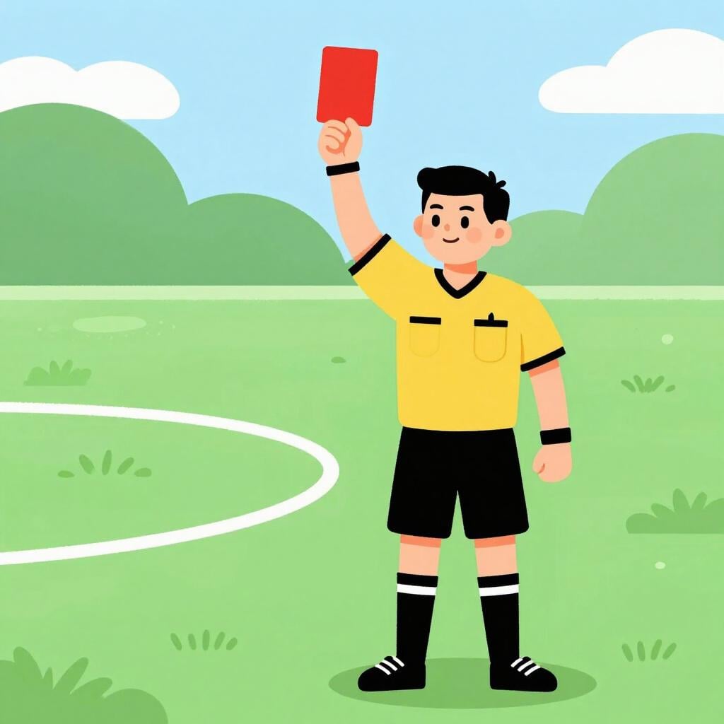 Een scheidsrechter in een voetbalwedstrijd die een rode kaart omhoog houdt naar een speler.