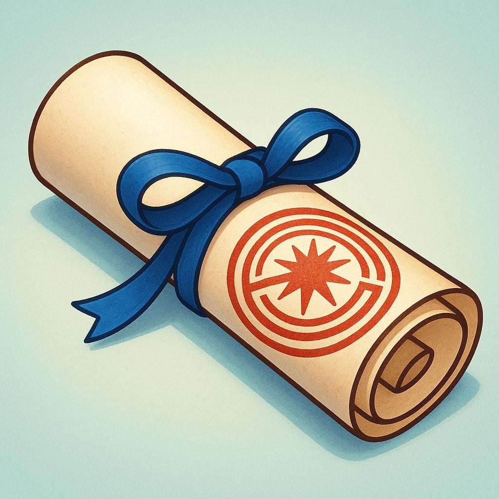 A storybook illustration of an officially certified document, rolled and tied with a ribbon, featuring a large, abstract official government seal stamped onto the paper.