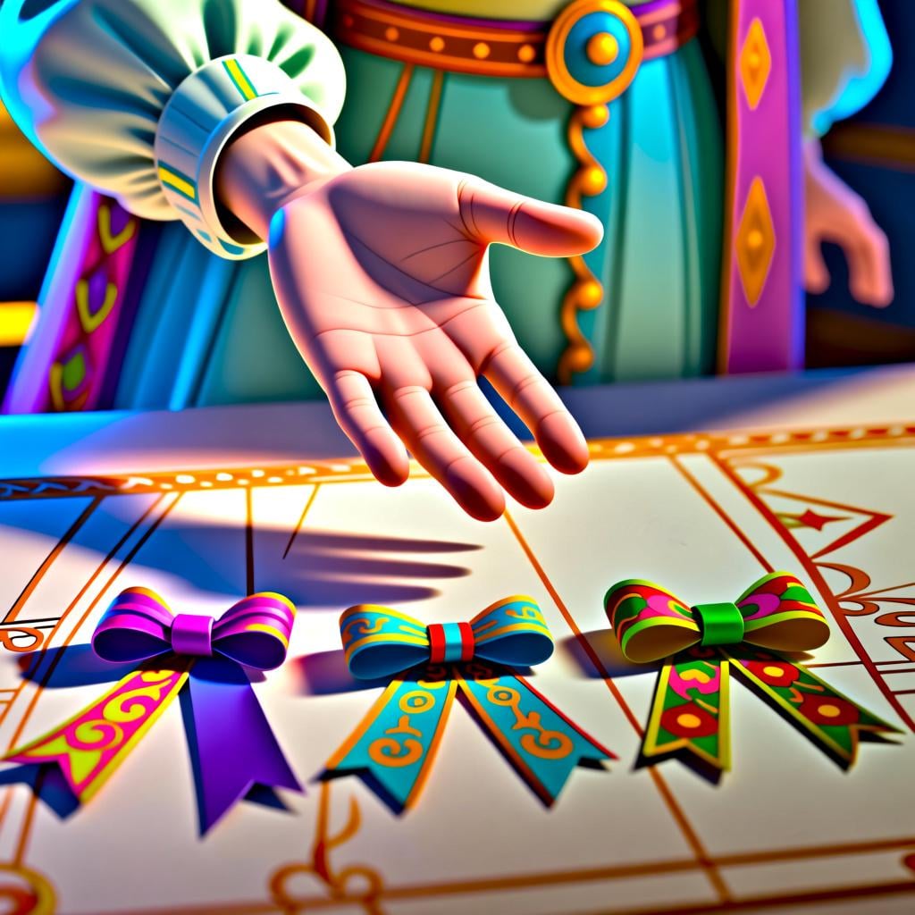 A close-up of an open, empty hand positioned above three distinct, brightly colored decorative ribbons laid out neatly on a table, signifying that none of the options were chosen.