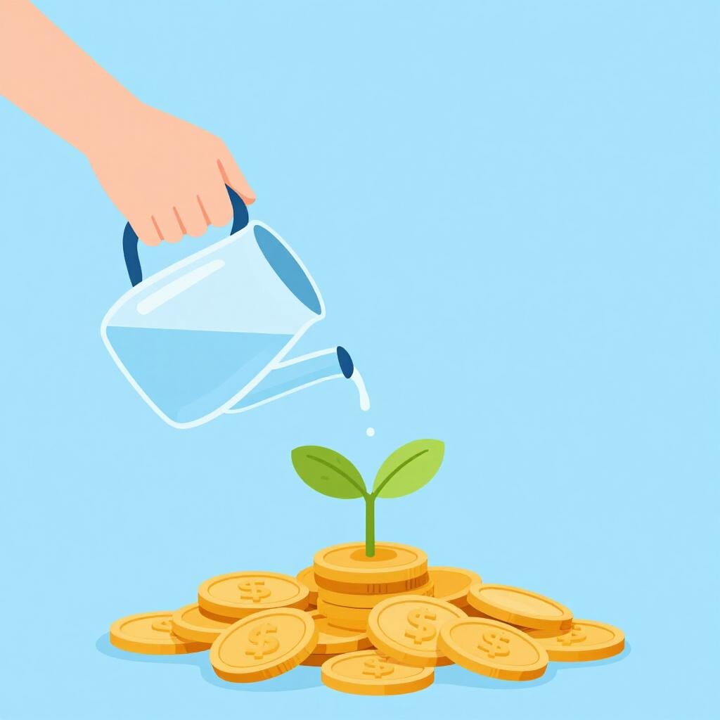 A person in a simple suit watering a small green plant that is growing out of a pile of gold coins.