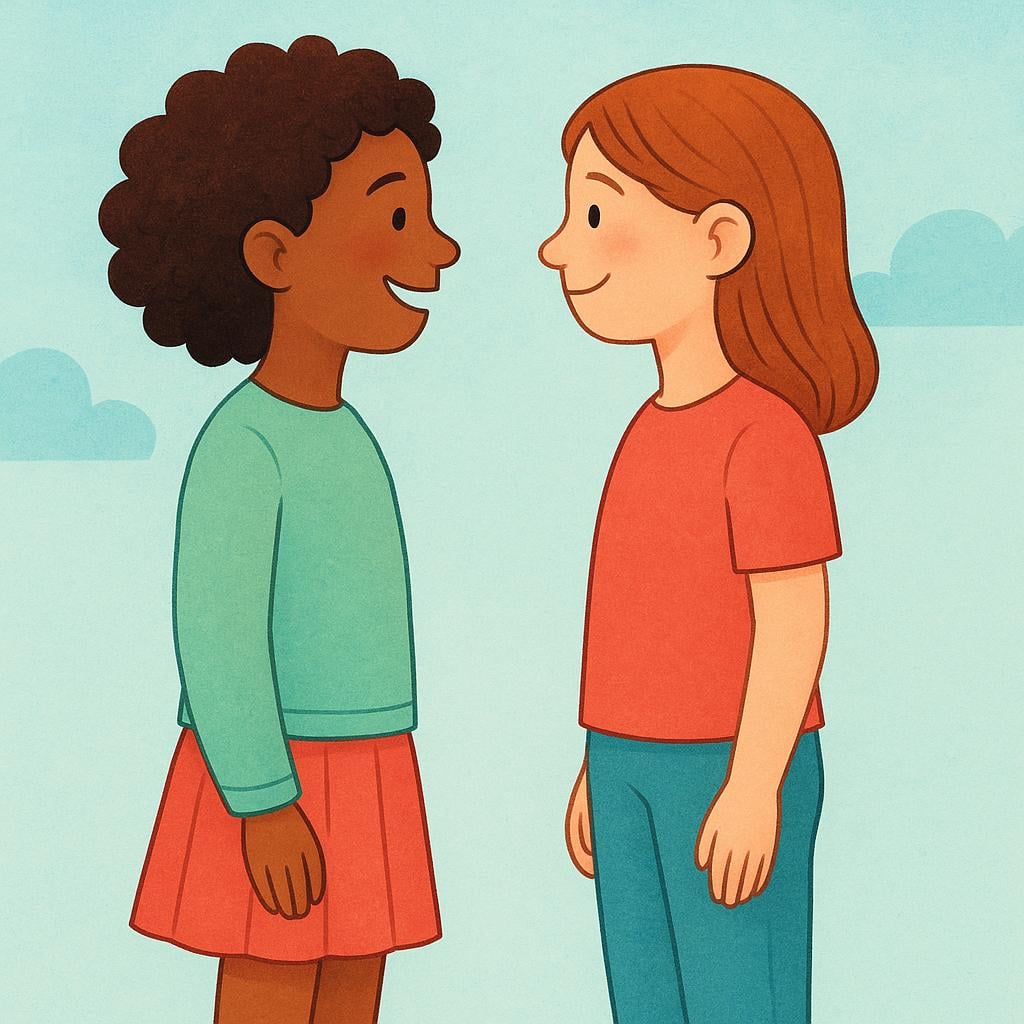 Two smiling people standing face to face, looking directly into each other's eyes, illustrating a social meeting.