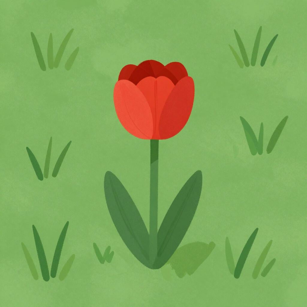 A vibrant red flower standing out in a field of plain green grass.