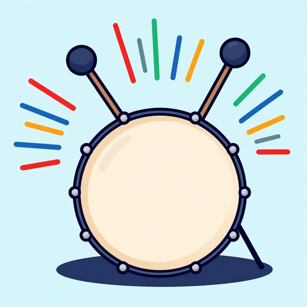 A large drum being hit with mallets, showing vibration lines to represent a loud booming sound.