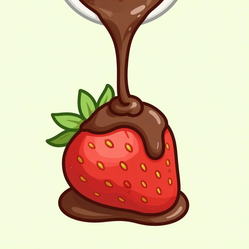 Une main versant une sauce au chocolat épaisse sur une fraise fraîche.