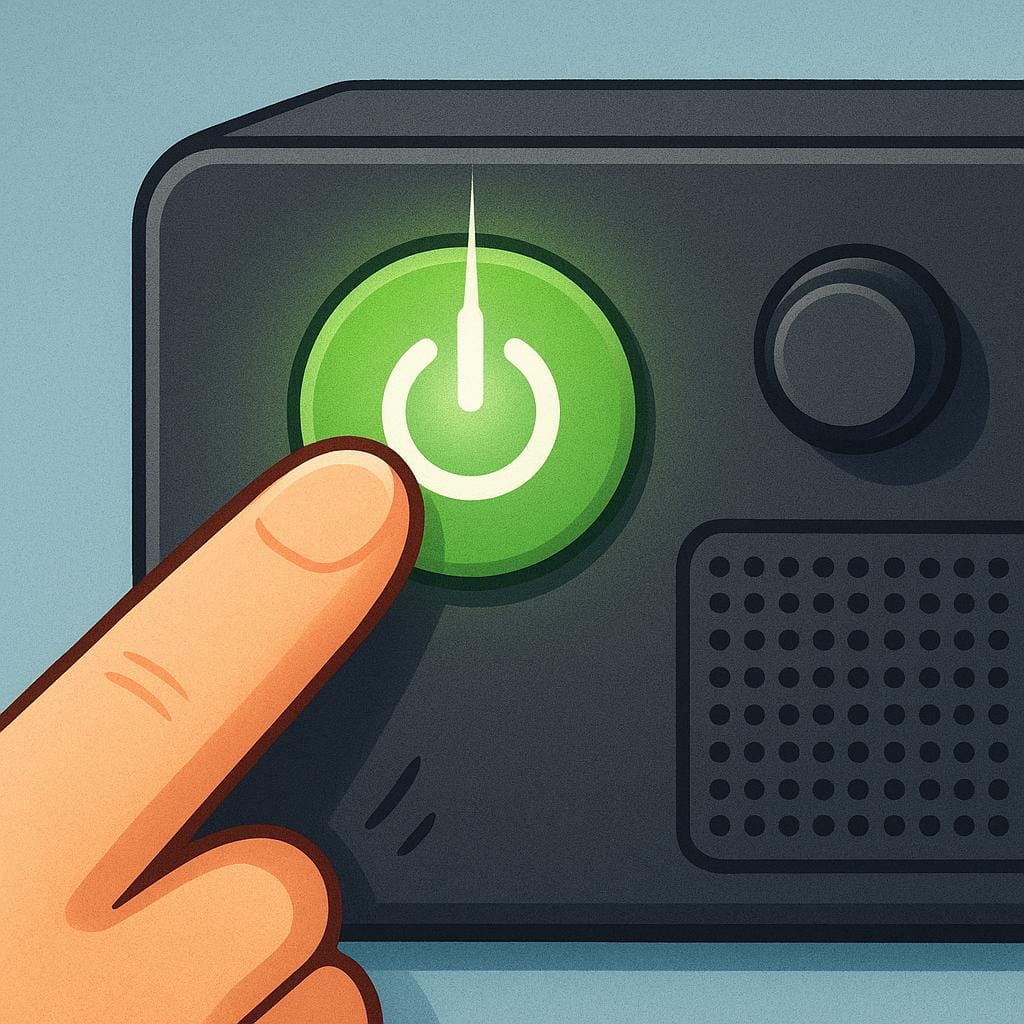 Een vinger die op een grote groene aan/uit-knop op een eenvoudig, rond apparaat drukt, waardoor er een helder licht uit het apparaat komt.