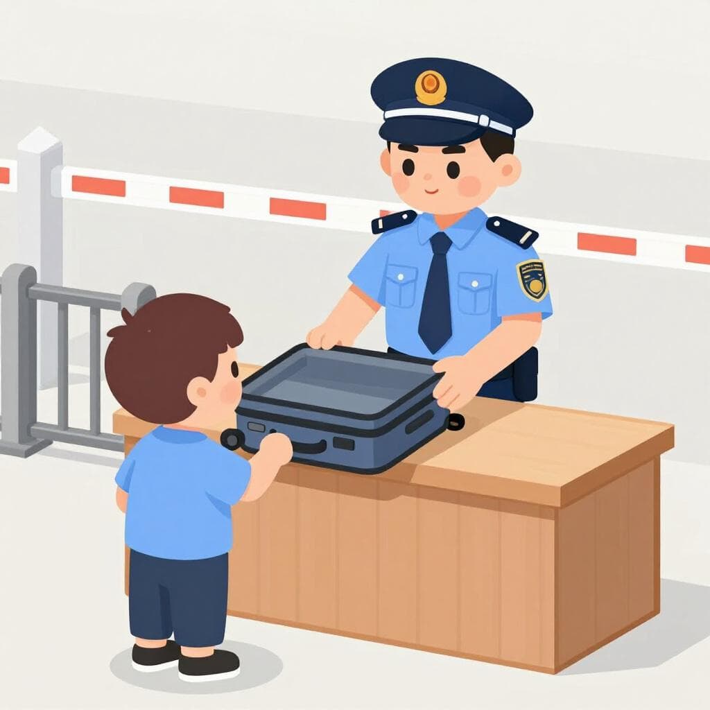 Un douanier amical en uniforme bleu vérifiant la valise d'un voyageur à un bureau de douane coloré à la frontière.