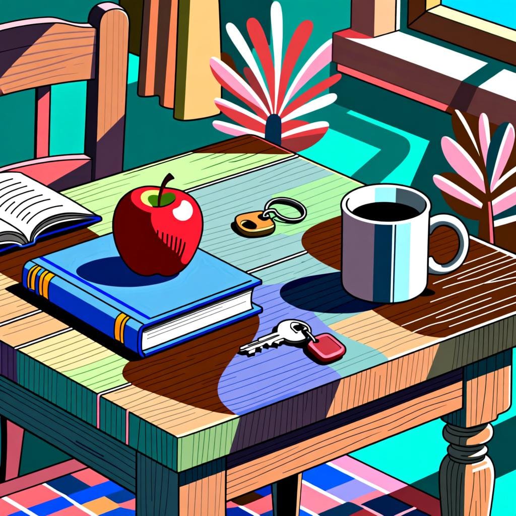 A wooden table with a variety of different things on it: a red apple, a blue book, some keys, and a coffee mug.