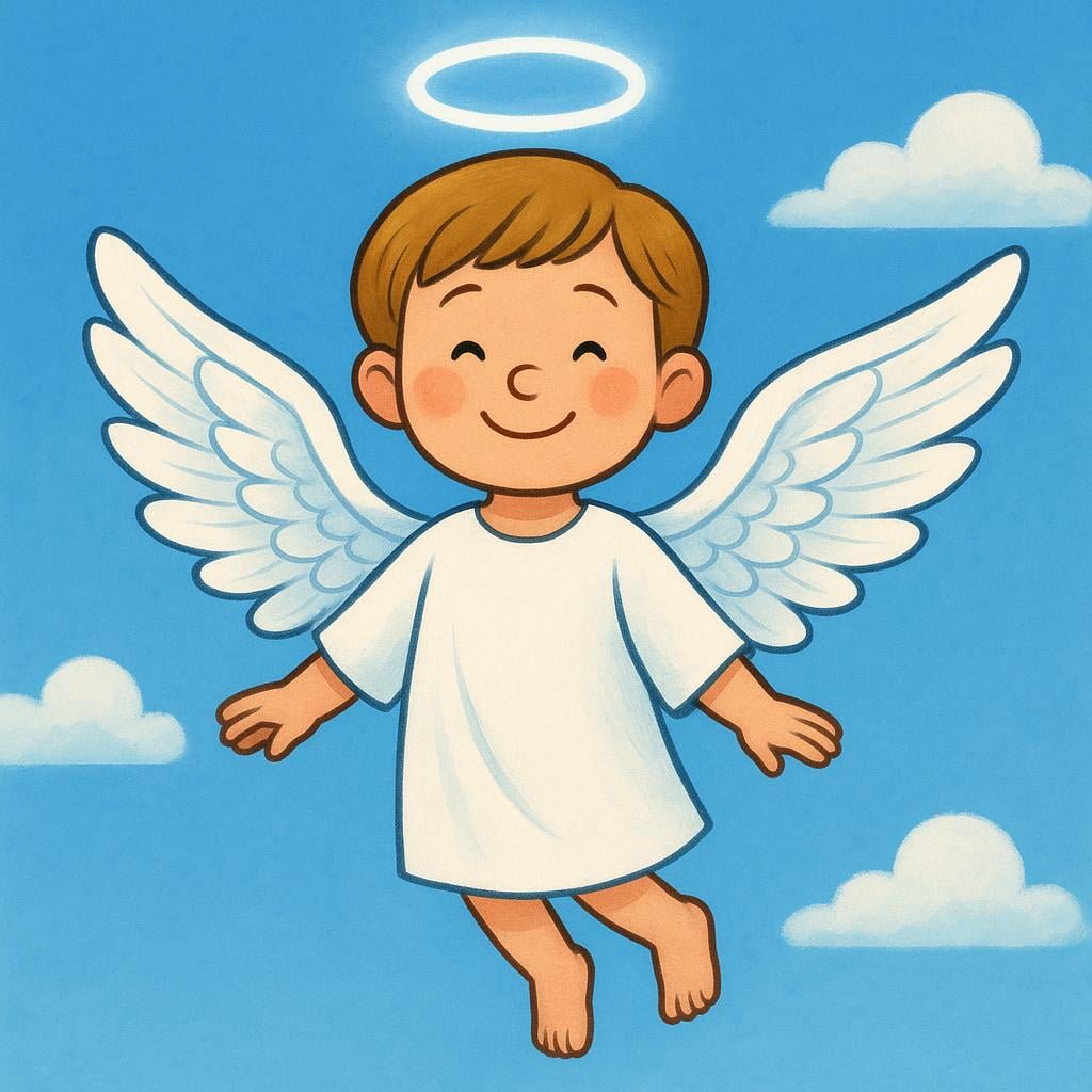 A simple illustration of a celestial angel with large white wings, a halo, and a peaceful expression, floating among clouds.