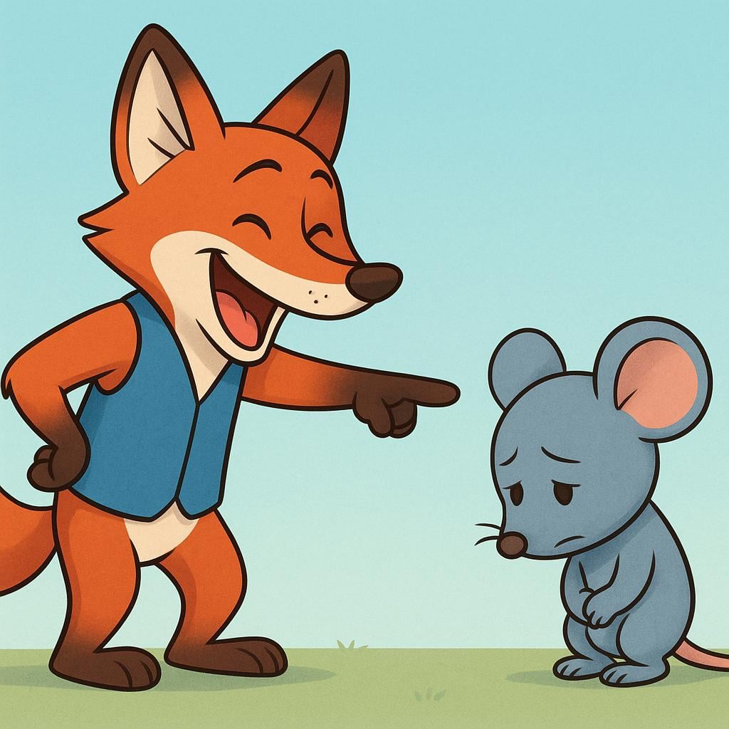 A mischievous character is pointing and laughing derisively at another character who looks sad and embarrassed, illustrating mockery.