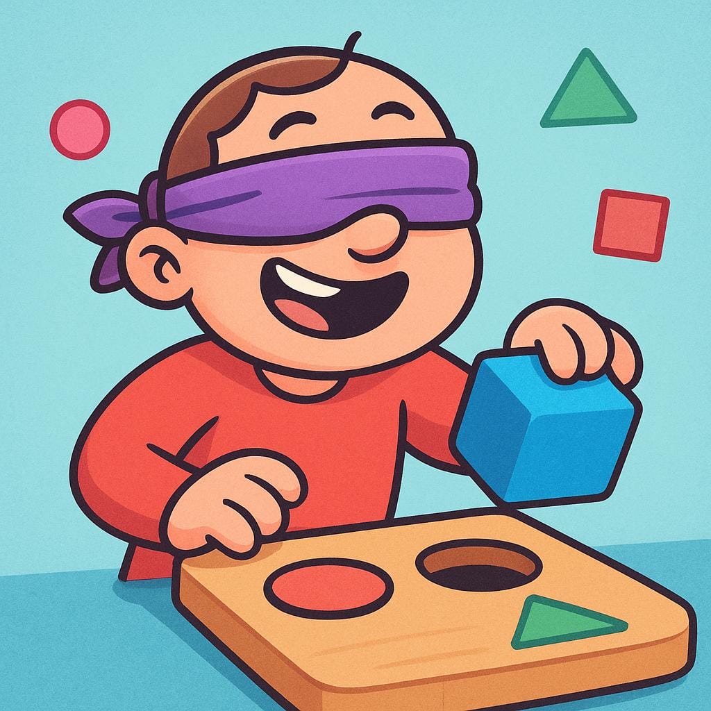 A cartoon person wearing a thick blindfold attempting to fit a square block into a round hole, illustrating a lack of judgment.