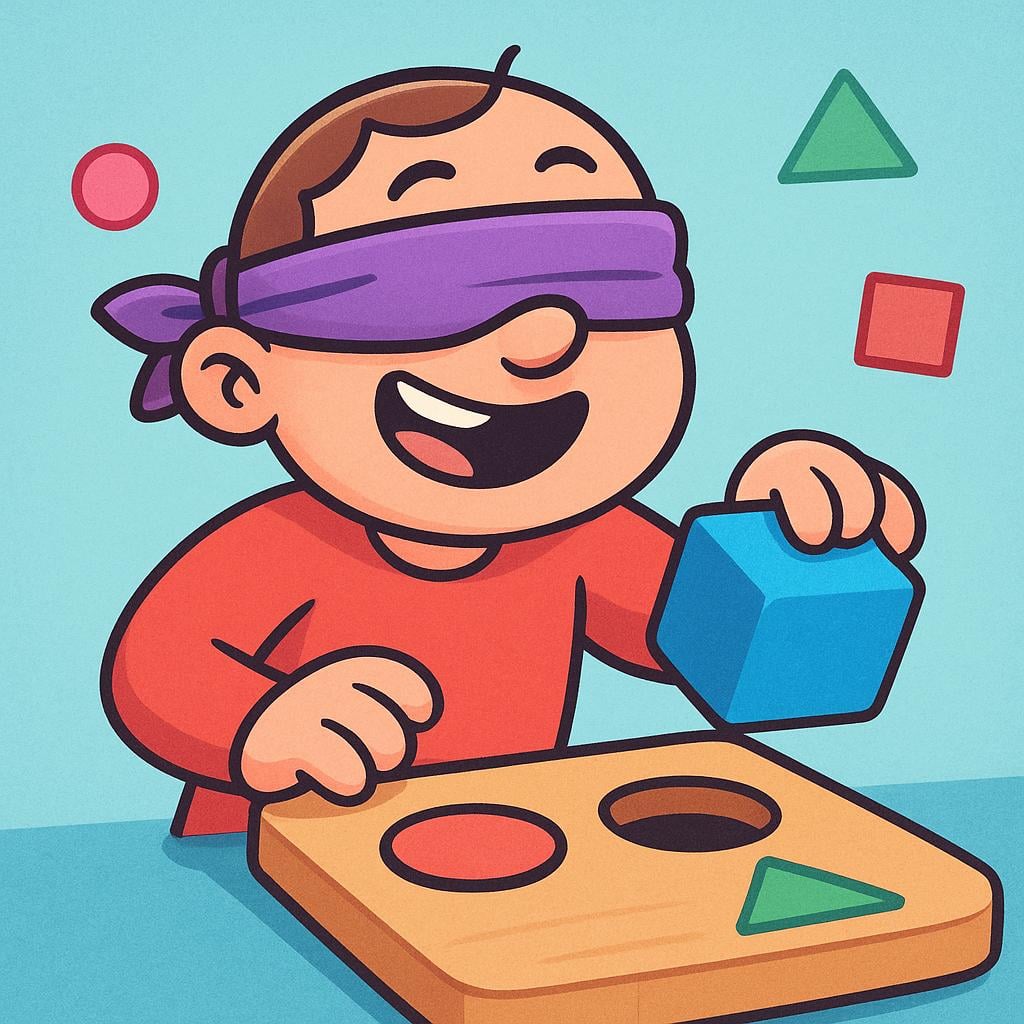 A cartoon person wearing a thick blindfold attempting to fit a square block into a round hole, illustrating a lack of judgment.