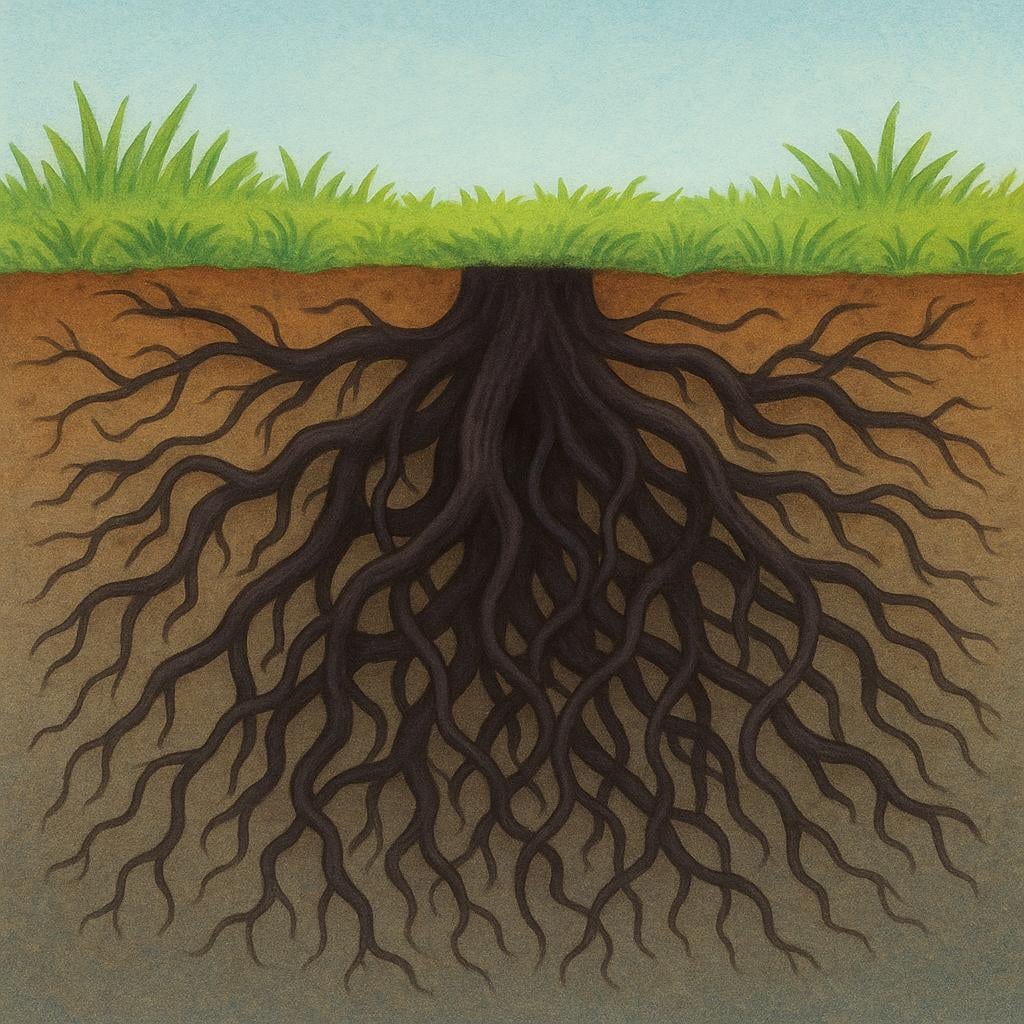 A storybook illustration showing a large, tangled, dark root system aggressively spreading beneath a bright, healthy patch of green grass, symbolizing a deep-rooted problem.