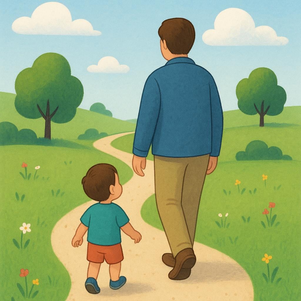 A storybook illustration showing a small child walking closely behind an adult on a path, representing following.