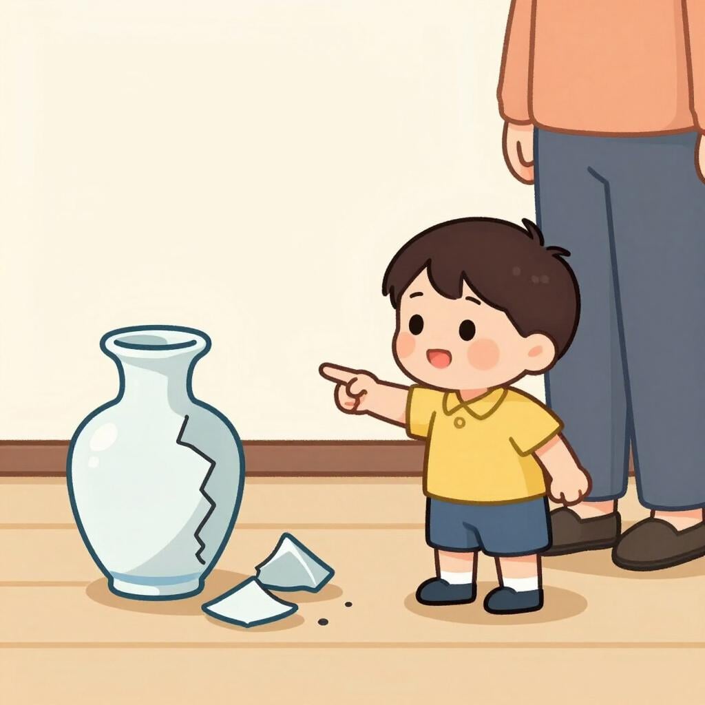 A child pointing towards a broken vase while looking at an adult, indicating who did it.